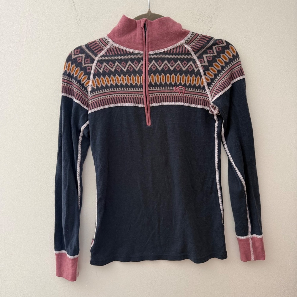 Kari Traa Rose Half-Zip 100% Merino Wool Base Layer Nordic Navy Pink Small